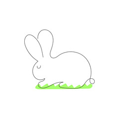 Cute rabbit on green grass on a white background. Thin line outline style. Minimal design. Vector illustration. - 503239091