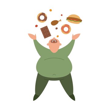 man gorges himself on donuts and delicious food and cannot stop. cartoon vector