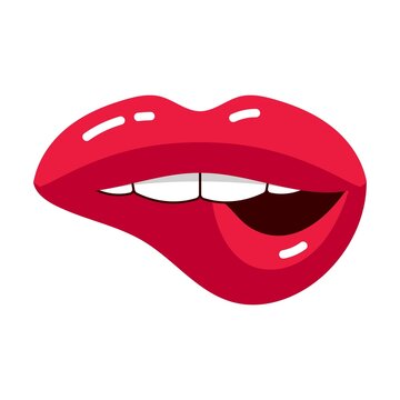 Sexy female open mouth with pursed lower lip, lips with red lipstick cartoon illustration. Woman and girls lips