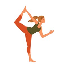 Fototapeta na wymiar Yoga pose, physical exercise of woman. On one leg, back arched. Vector illustrations of girl stretching body. Cartoon female character training