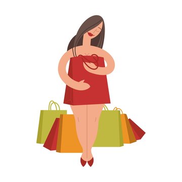 woman holds bags of clothes from the store in her hands. cartoon vector