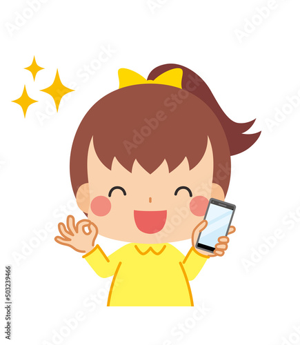 Okサインを出すスマホを持った可愛い女の子のイラスト 白背景 クリップアート 上半身 ベクター App Wall Mural A ぽこたぽこ