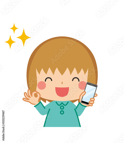 Okサインを出すスマホを持った可愛い女の子のイラスト 白背景 クリップアート 上半身 ベクター App Wall Mural A ぽこたぽこ
