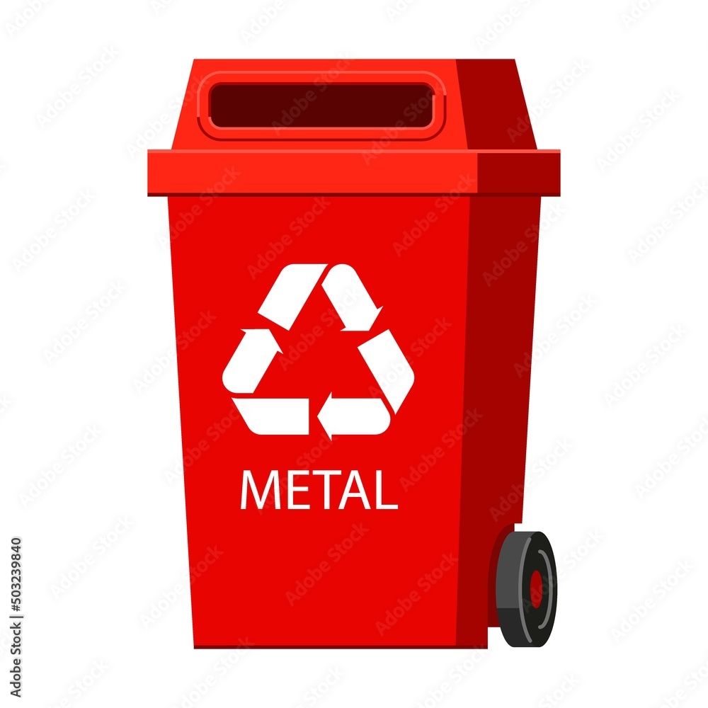 Aufkleber red container for metal waste. garbage recycle bin. vector illustration of trash container classific