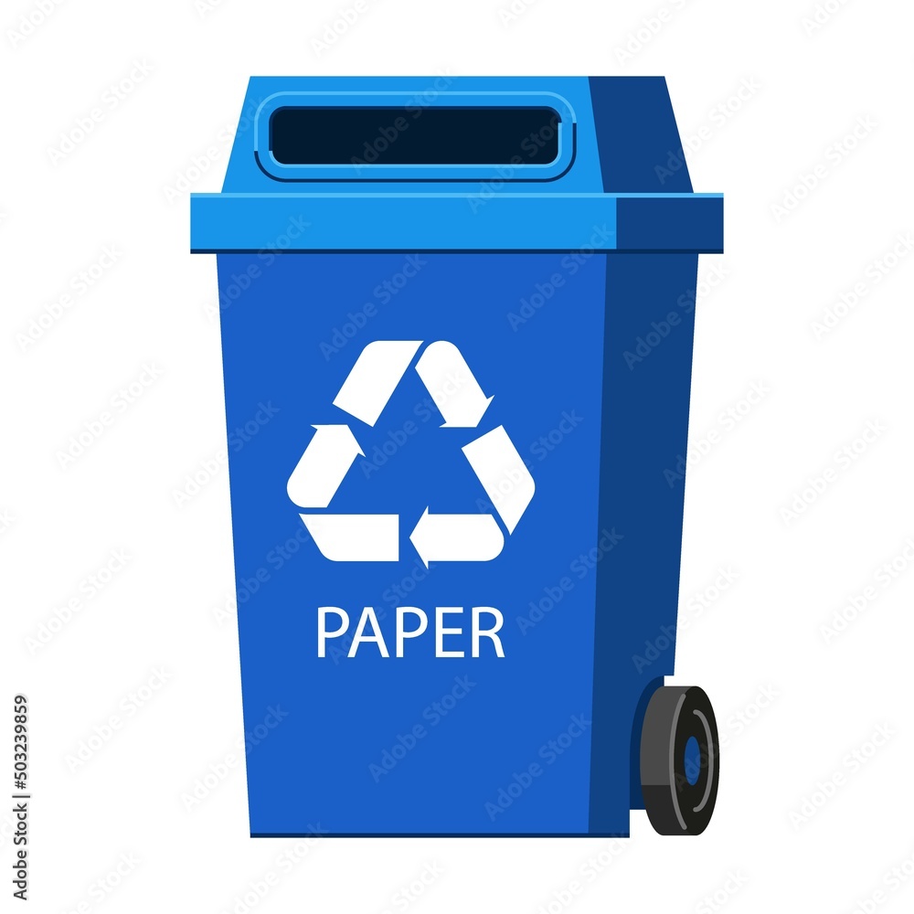 Poster blue container for paper waste. garbage recycle bin. vector illustration of trash container classifi