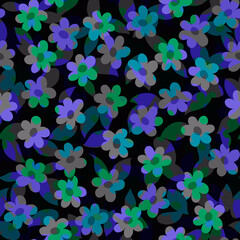 Spring - summer abstract multicolored transparent layered flowers Black evening, night background Retro design