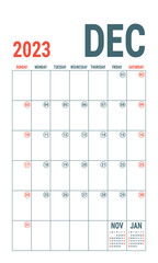 December. Planner 2023 year. English vector vertical template. Week starts on Sunday