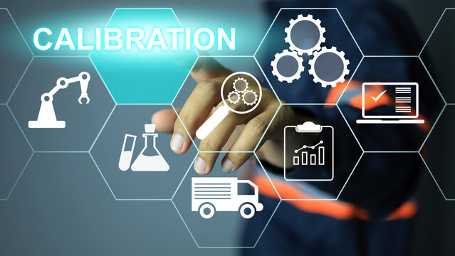Lab instrumentation engineer or technician pointing to click touch press to activate calibration icon intermediate check or calibration. Annual cycle of machinery in the industrial linking document