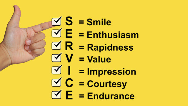 The check box hand signifies good service on a yellow background.