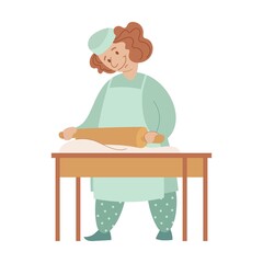 Baker in uniform cartoon illustration. Woman rolling dough with wooden rolling pin, making recipe for bakery