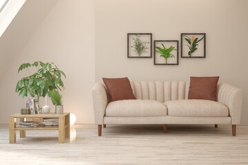 White living room with sofa. Scandinavian interior design. 3D illustration