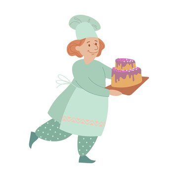 recommend clip art: Baker in uniform cartoon illustration. Woman cooking tiered birthday cake, fresh pie, making recipe for bakery