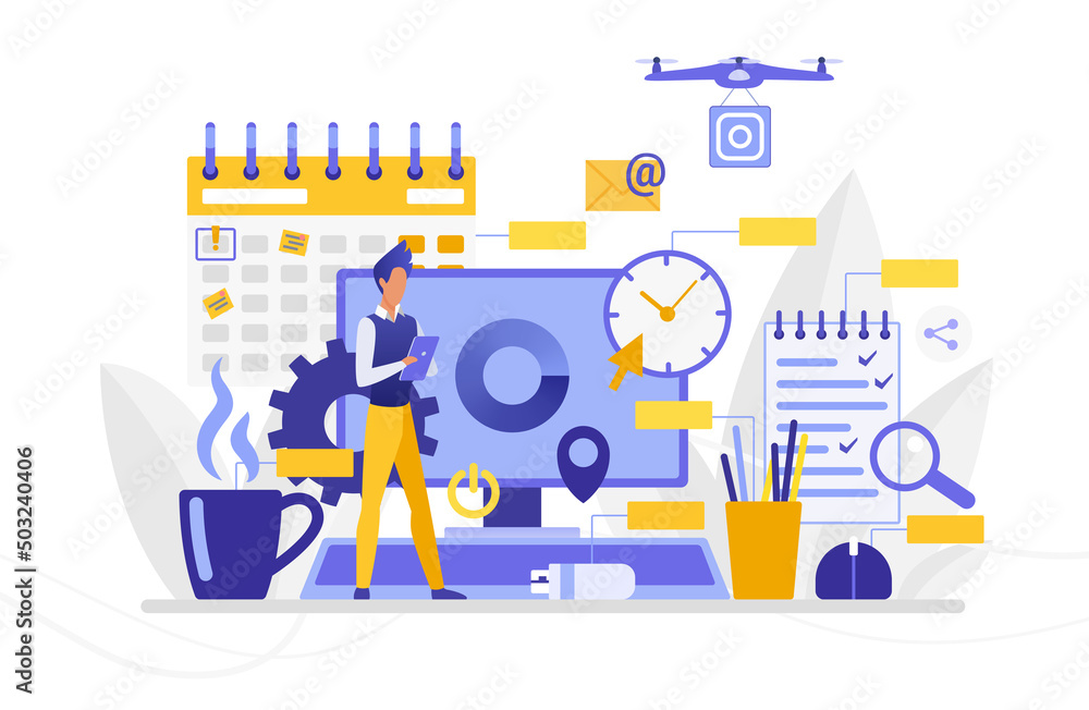 Poster project workflow management coordination process. effective time management for goals achievement