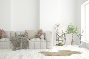 White living room with sofa. Scandinavian interior design. 3D illustration