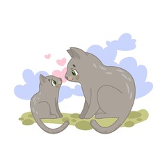 Cute fluffy domestic cat and baby animal character vector illustration, cartoon characters with babies on white background. Pets