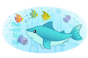 Obraz na płótnie Canvas Vector cartoon illustration. Underwater world, bright tropical fish, shark and octopus