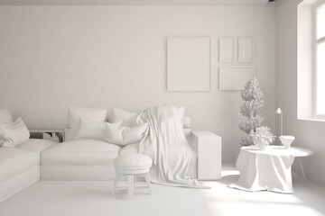 White minimalist living room with sofa. Scandinavian interior design. 3D illustration