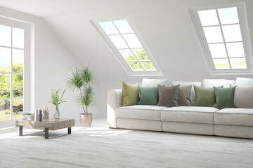 White living room with sofa and summer landscape in window. Scandinavian interior design. 3D illustration