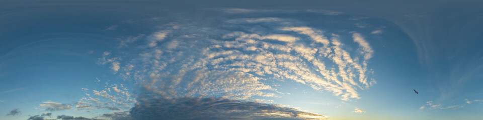 Dark blue twilight sky panorama with Cirrus clouds. Seamless hdr 360 panorama in spherical equiangular format. Full zenith or sky dome for 3D visualization, sky replacement for aerial drone panoramas