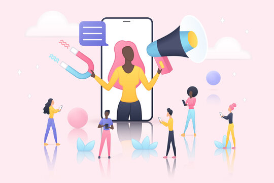 Key opinion leader and SMM marketing. Tiny woman holding megaphone and magnet, influencing audience of people in social media online campaign flat vector illustration. Influence, advertising concept