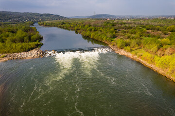 Dunajec River in Lesser Poland at Spring Morning. Aerial Drone View
