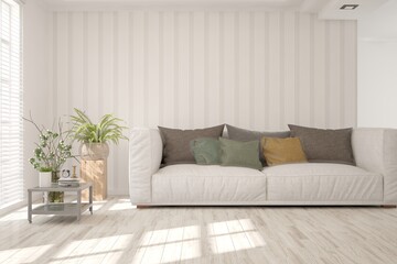 White living room with sofa. Scandinavian interior design. 3D illustration