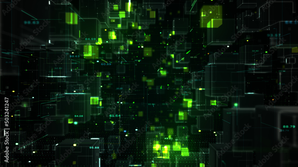 Poster 3d rendering digital tunnel with cube, technology blockchain, and big data network connection, techn