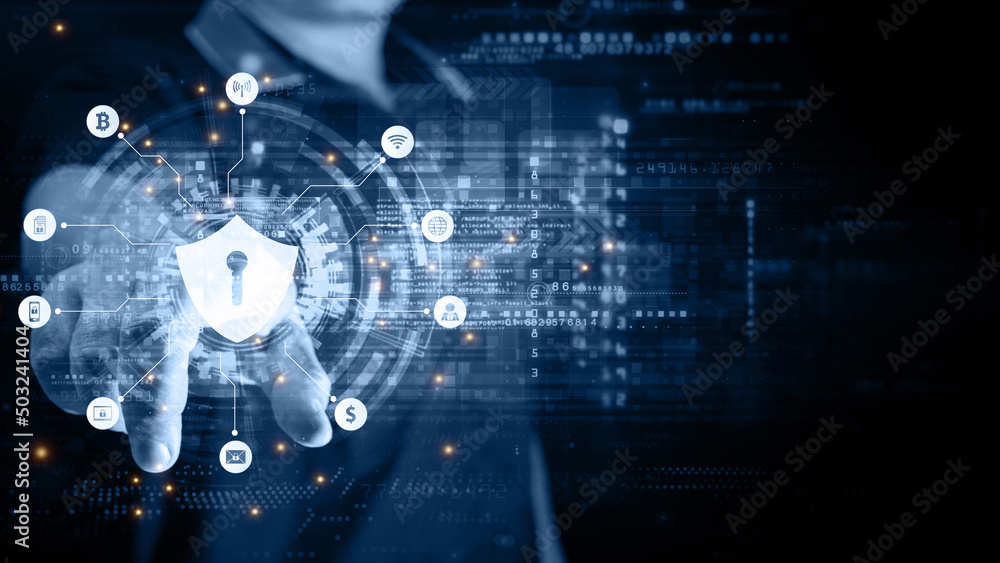Poster double exposure of businessman touches shield icon and hud of cyber security digital data network pr