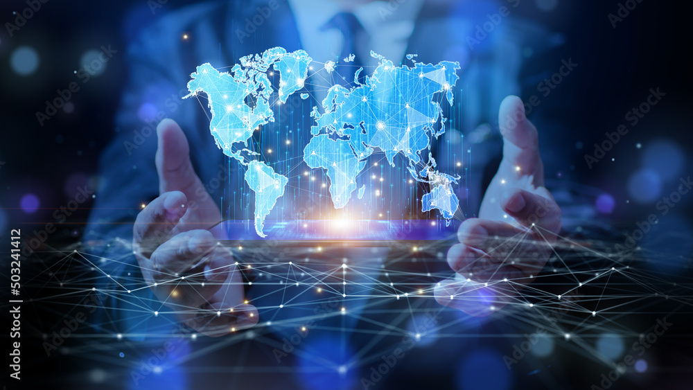 Poster the businessman is holding a smartphone with map and social network connection, technology network c