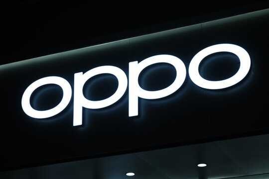 Shanghai,China-Feb.24th 2022: close up OPPO brand logo at night. Chinese electronics company