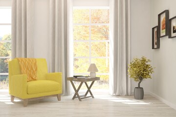 White stylish minimalist room with armchair and autumn landscape in window. Scandinavian interior design. 3D illustration
