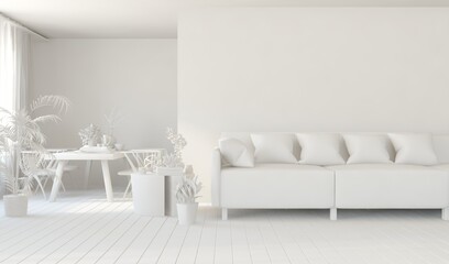 White minimalist living room with sofa. Scandinavian interior design. 3D illustration
