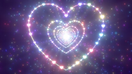Heart Shape Made of Hearts Tunnel Glows Rainbow Neon Sparkling Lights - Abstract Background Texture