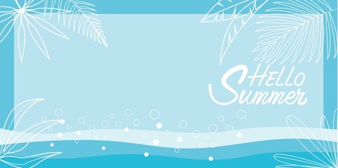 Fototapeta na wymiar Summer and tropical beach concept illustration. Sea wave and tropical leaves decoration blue background for summer banner, promotion background and web design. 