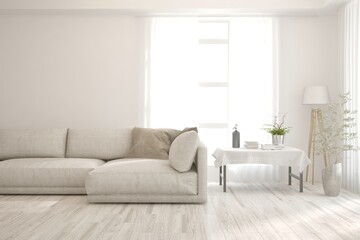 White living room with sofa. Scandinavian interior design. 3D illustration