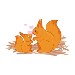 Cute squirrel and fluffy baby animal character vector illustration, cartoon characters with babies on white background. Pets