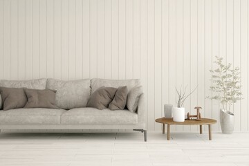 White living room with sofa. Scandinavian interior design. 3D illustration