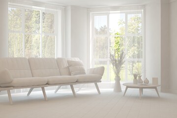 Mock up of stylish room in white color with sofa and green landscape in window. Scandinavian interior design. 3D illustration