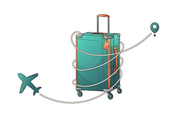 Aircraft route. Vector travel illustration of baggage and airplane. Air travel, tourism, adventure, journey. Vector illustration for banner, poster, website, advertising. Travel concept.