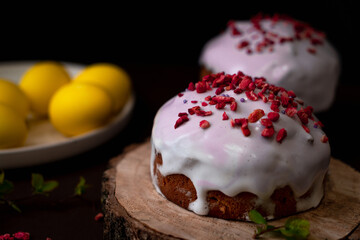 Easter cake with berries on a dark background.