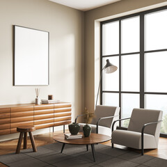 Obraz na płótnie Canvas Lounge room interior with chairs near window, drawer and mockup frame