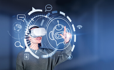 Woman in vr glasses, touching voice chat with social network icons