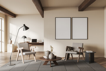 Office interior with work table and lounge zone, decoration. Mockup frames