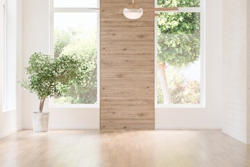 White empty room of a house with summer landscape in window. Scandinavian interior design. 3D illustration
