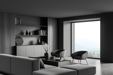 Grey relax room interior with couch and seats, shelf and panoramic window
