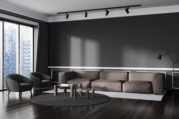 Grey relax room interior with couch and armchair, window and mockup
