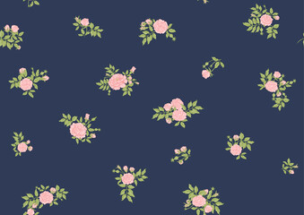 Fototapeta na wymiar Roses flowers on branches. Millefleurs trendy floral design. Seamless pattern, background. Vector illustration. On blue denim background