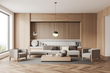 Lounge zone interior with couch and decoration, panoramic window