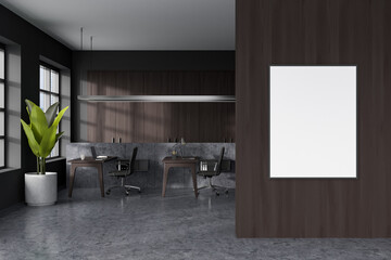 Workplace interior with computer and armchair, window on city view. Mockup frame