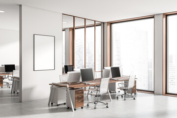 Workspace interior with armchair, pc computer and panoramic window. Mockup frame